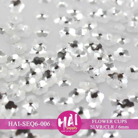 Sequins - 6mm Flower Cups, Silver & Clear